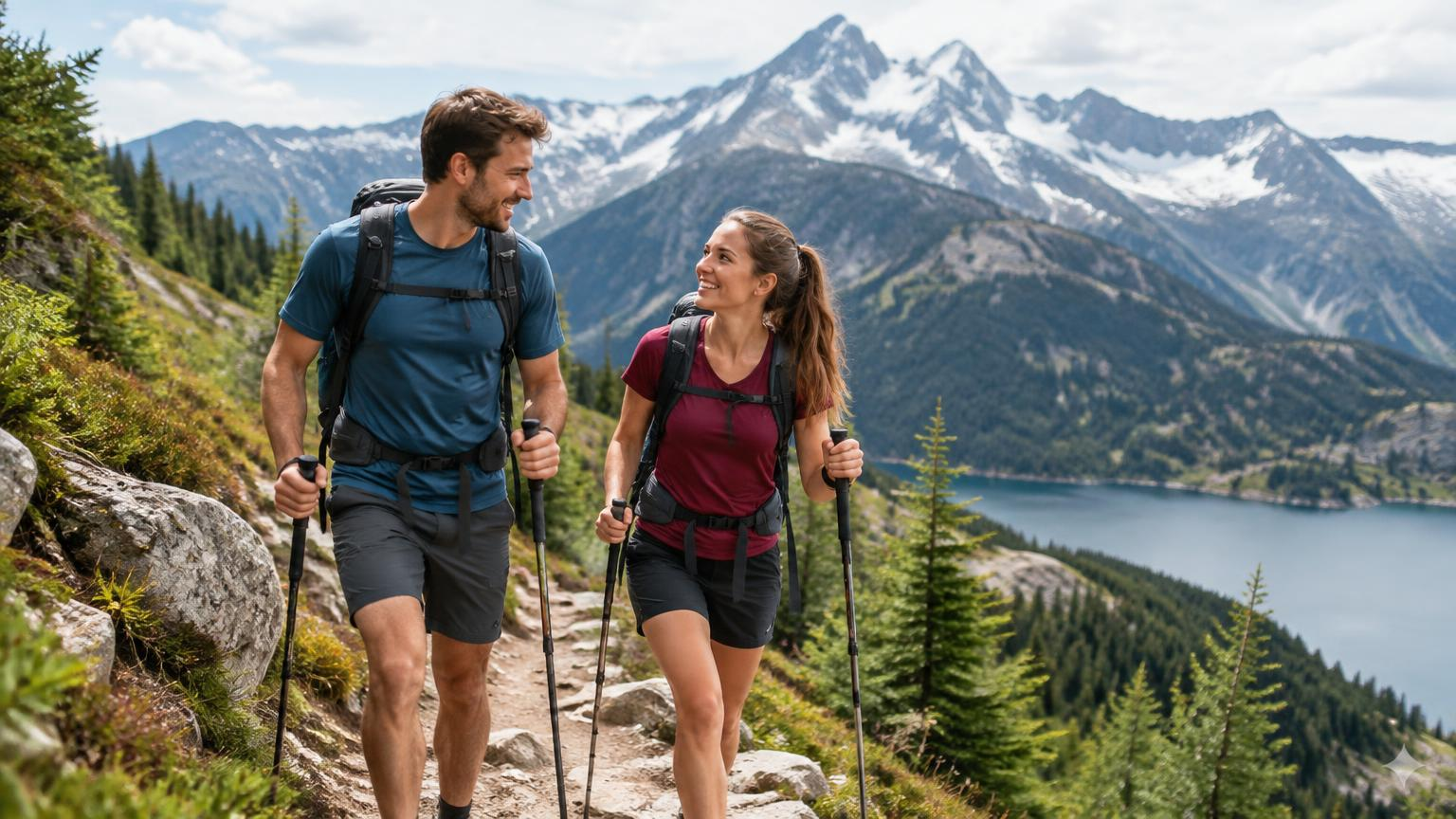 Optimale Reiserouten für aktive Paare: Wie man Outdoor-Abenteuer und Romantik kombiniert – KI-generiertes Bild