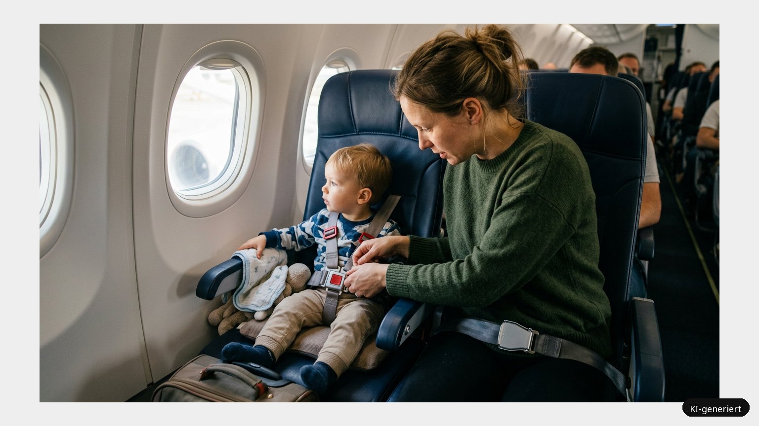 Sicherheitsgurt für Baby und Kleinkind im Flugzeug (KI)