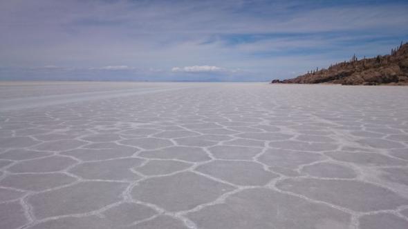 „Salzfliesen“ in der Salar de Uyuni nebst einer „Insel“ voller Riesenkakteen